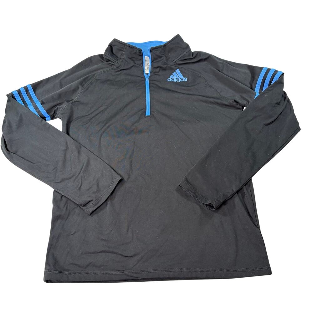 adidas kids black 1/4 zip pullover jacket, blue stripes. Size L 14-16. athletic